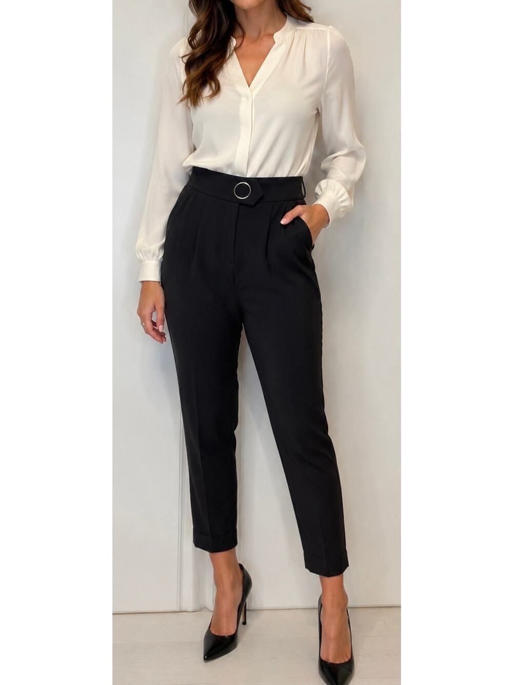 Express High Rise Ankle Pants Black Ring Detail Career Trousers Size 6R NWOT